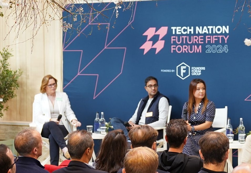 Hussein Kanji (Hoxton Ventures), with Sonya Iovieno (HSBC Innovation Banking) and Ling Ge (Tencent) at Tech Nation's Future Fifty Forum in 2024.